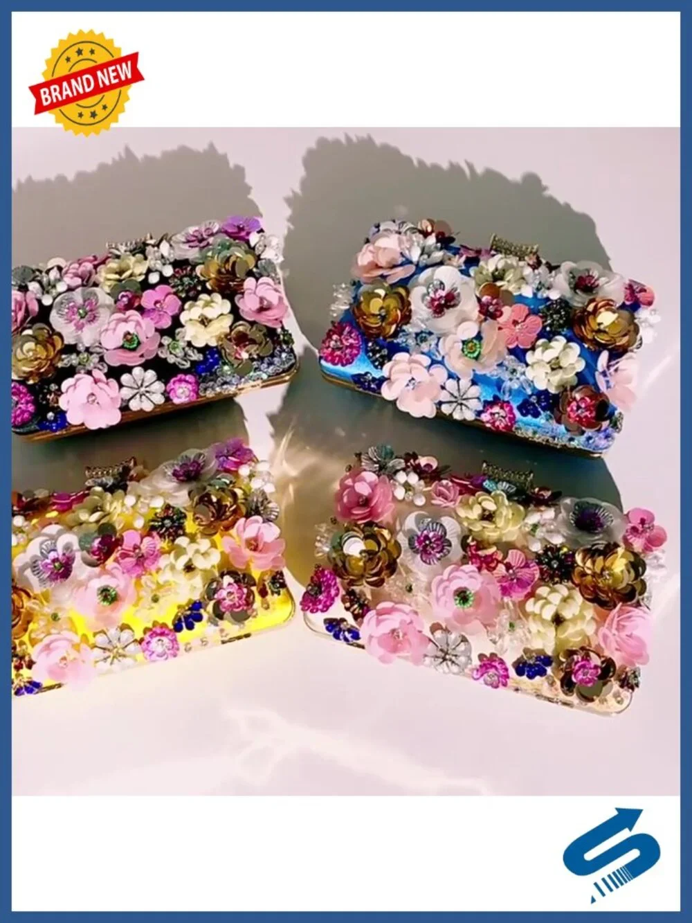 Floral Beaded Clutch Purse Satin Evening Bag with Chain